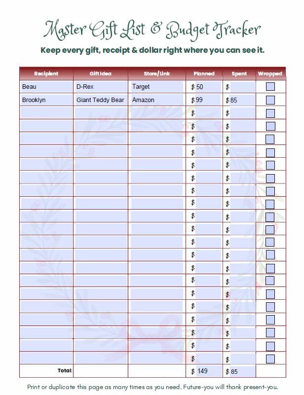 Master Gift List & Budget Tracker with columns for recipient, gift name, store/link, planned spend, spent, and wrapped.