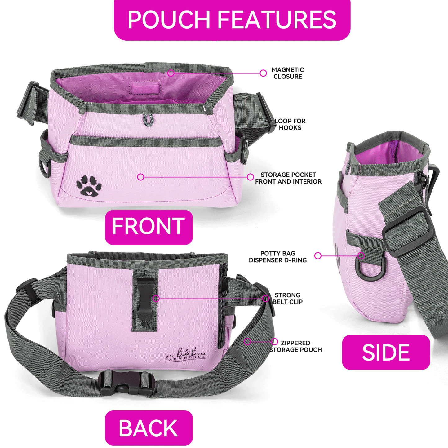 Dog Treat Pouch - Custom Designed Features Magnetic Closure, Adjustable Belt, Large Capacity with Multiple Ways to Wear