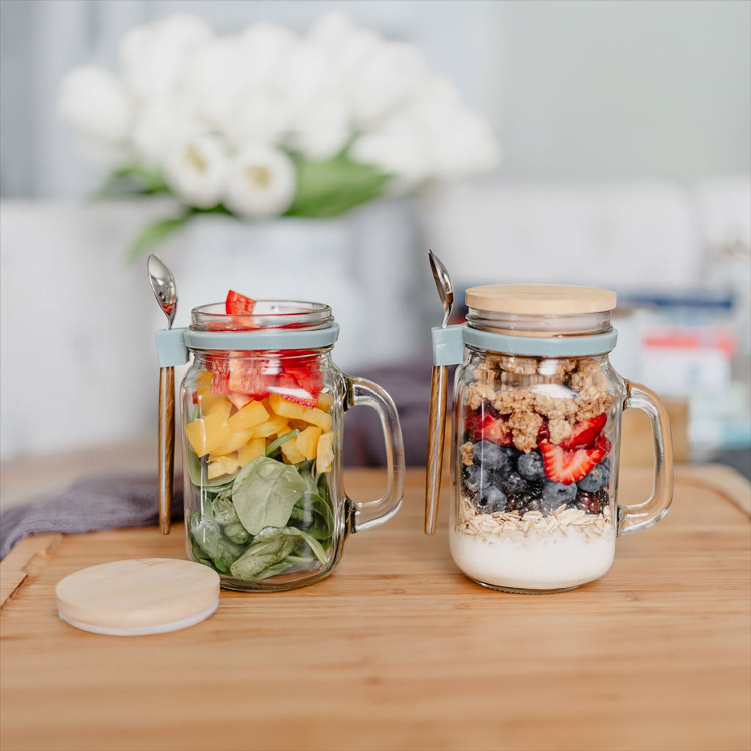 Vintage Coffee Mugs, Overnight Oats Containers with Bamboo Lids