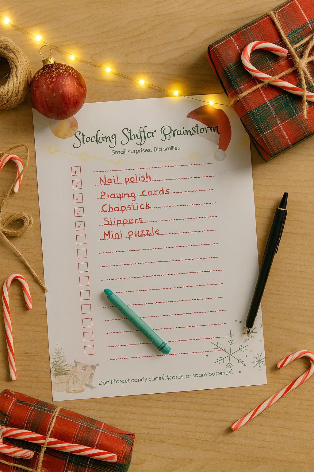 Sheet of paper with a 'Stocking Stuffer Brainstorm' list on a wooden surface with Christmas decorations.
