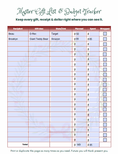 Master Gift List & Budget Tracker with columns for recipient, gift name, store/link, planned spend, spent, and wrapped.