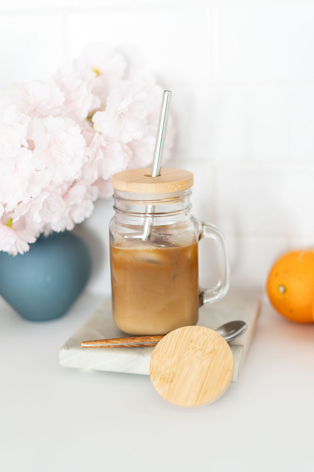 Mason Jar Lids with Straw Hole & Straws - 2 Pack Bamboo Mason Jar Lids with Straws for Regular Mouth Mason Jar