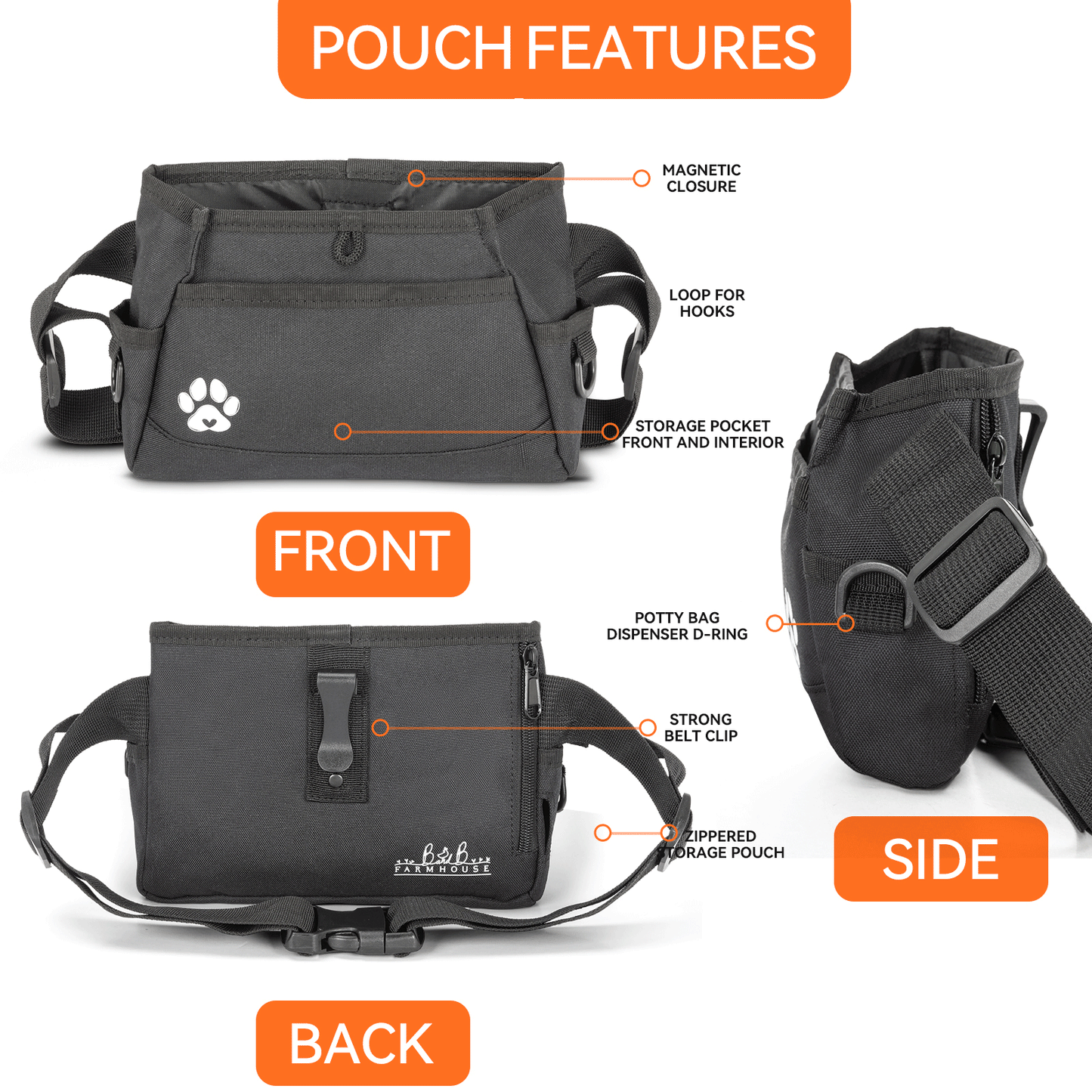 Dog Treat Pouch - Custom Designed Features Magnetic Closure, Adjustable Belt, Large Capacity with Multiple Ways to Wear