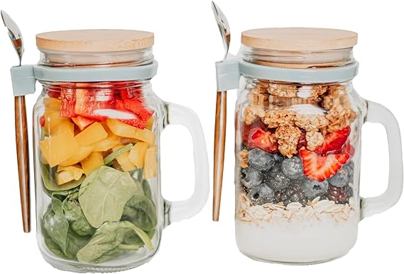 16 oz Glass Overnight Oats Containers with Bamboo Lids & Spoons