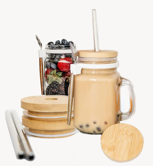 Mason Jar Bundle! Overnight Oats Containers w. Lids & Spoons PLUS Drinking Lids with Straw Holes & Straws