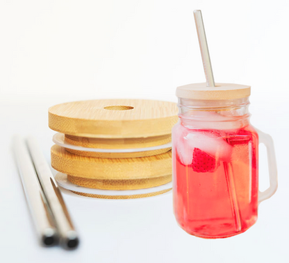 Mason Jar Lids with Straw Hole & Straws - 2 Pack Bamboo Mason Jar Lids with Straws for Regular Mouth Mason Jar